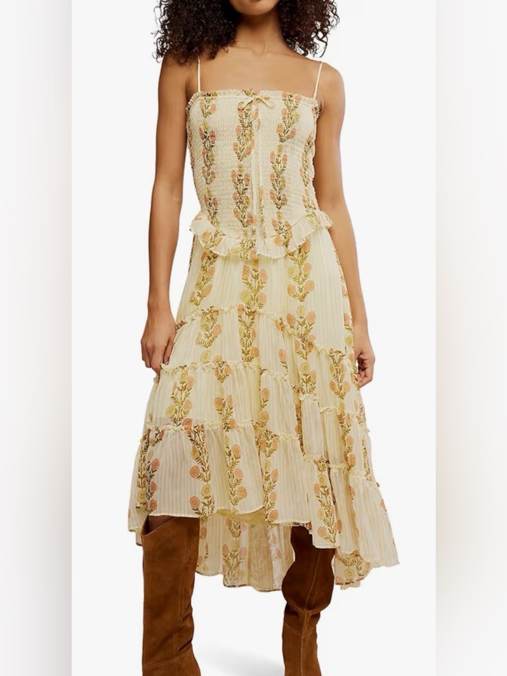Free People ‘Alejandra’ Yellow Cream Floral Smocked Maxi Dress